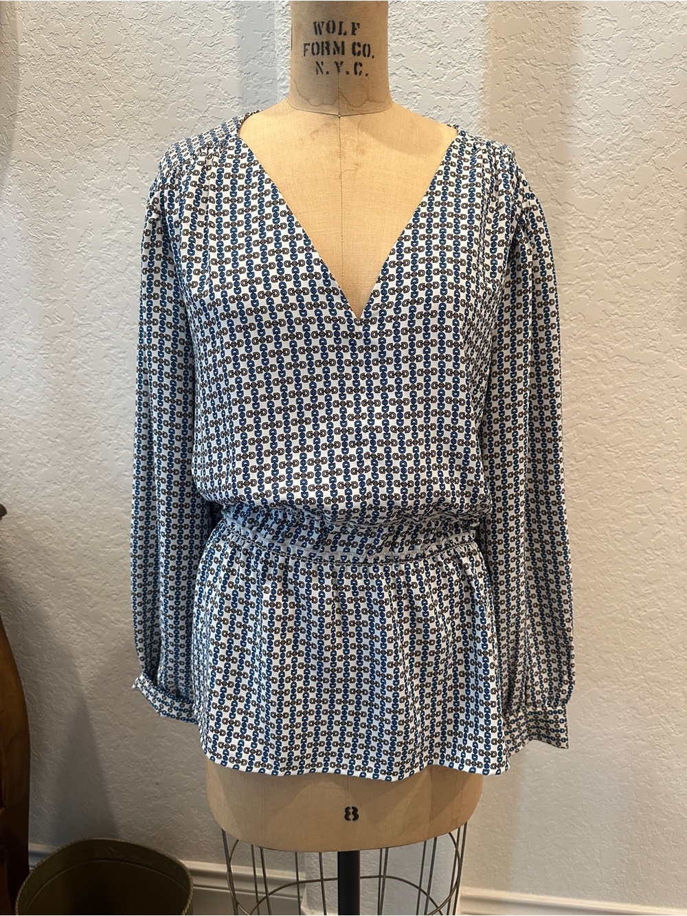 Ann Taylor Blue and White Printed V-Neck Blouse with Peplum